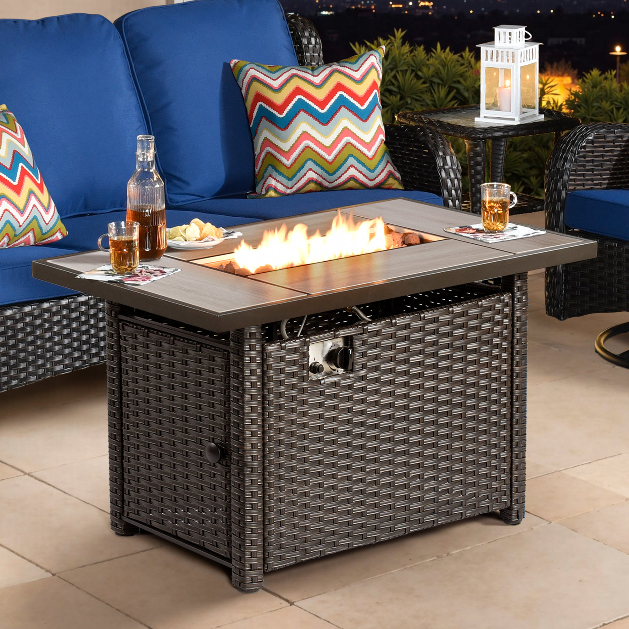 Latitude Run® 42'' X 26'' Rectangle Rattan Outdoor Propane Firepit