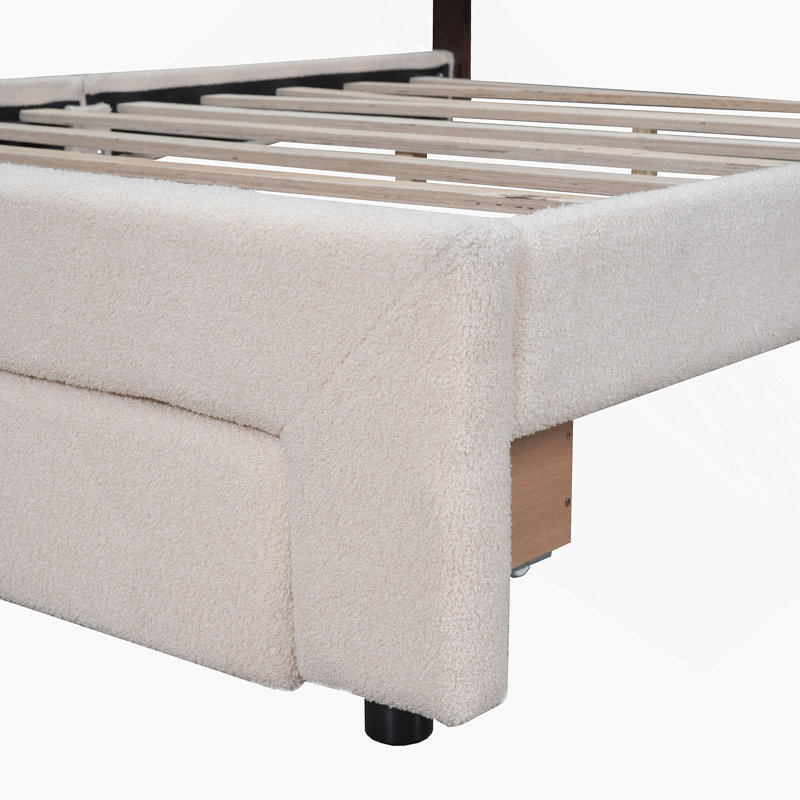 Lit plateforme tapissier avec tiroir, Beige