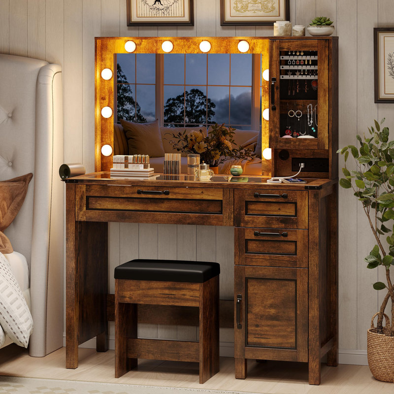 Coiffeuse d'angle avec grand miroir à DEL, Brun