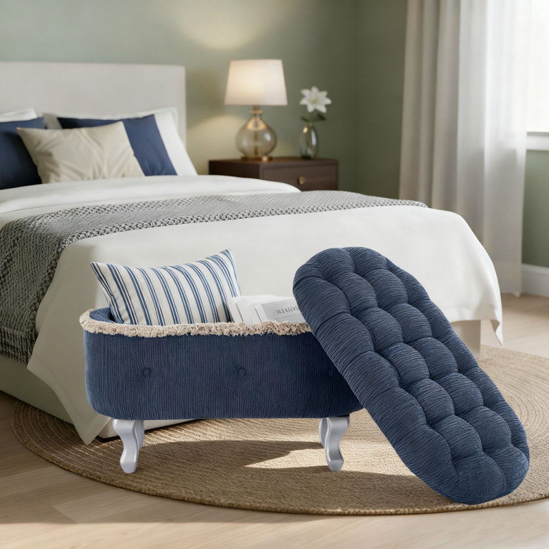 Repose-pieds de rangement moderne capitonné, repose-pieds avec compartiment caché et pieds en bois, décoration à pampille pour les couloirs, la chambre à coucher et le salon