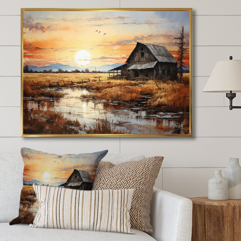 Paysage de grange au crépuscule I - impression, Cadre flottant doré, H 30 po x l 40 po x P 1,5 po