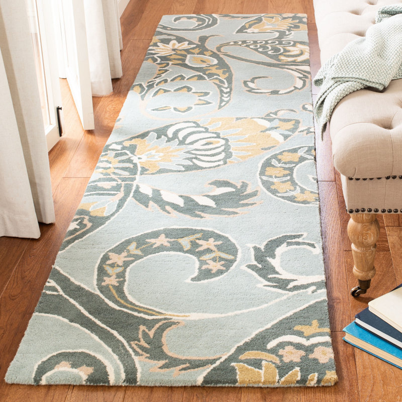 Tapis bleu / vert en laine touffeté à la main Matthews, Tapis de couloir 2 pi 3 po x 9 pi