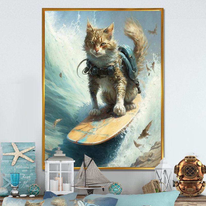 " Cat Surfing I ", 12" W x 20" H, Gold Floater Framed Canvas