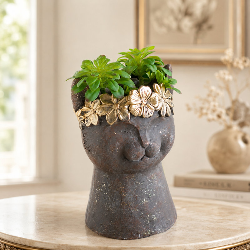 Pot à fleurs statue en magnésium avec fini brun texturé et couronne feuille d'or
