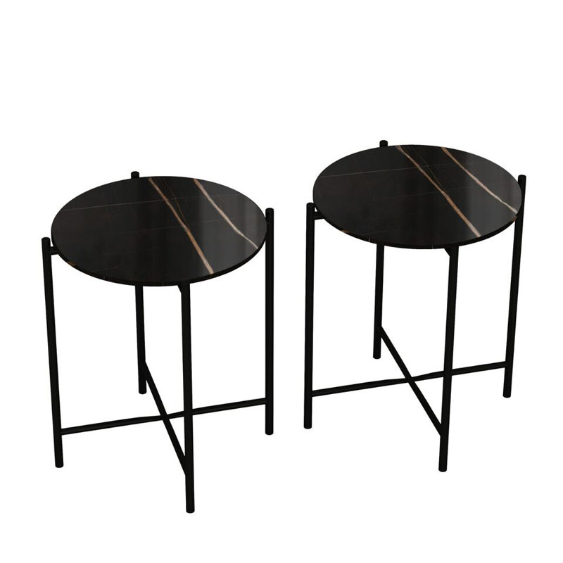 Set of 2 Pcs Marble Effect Tops Square Side End Coffee Table Metal Frame, Black