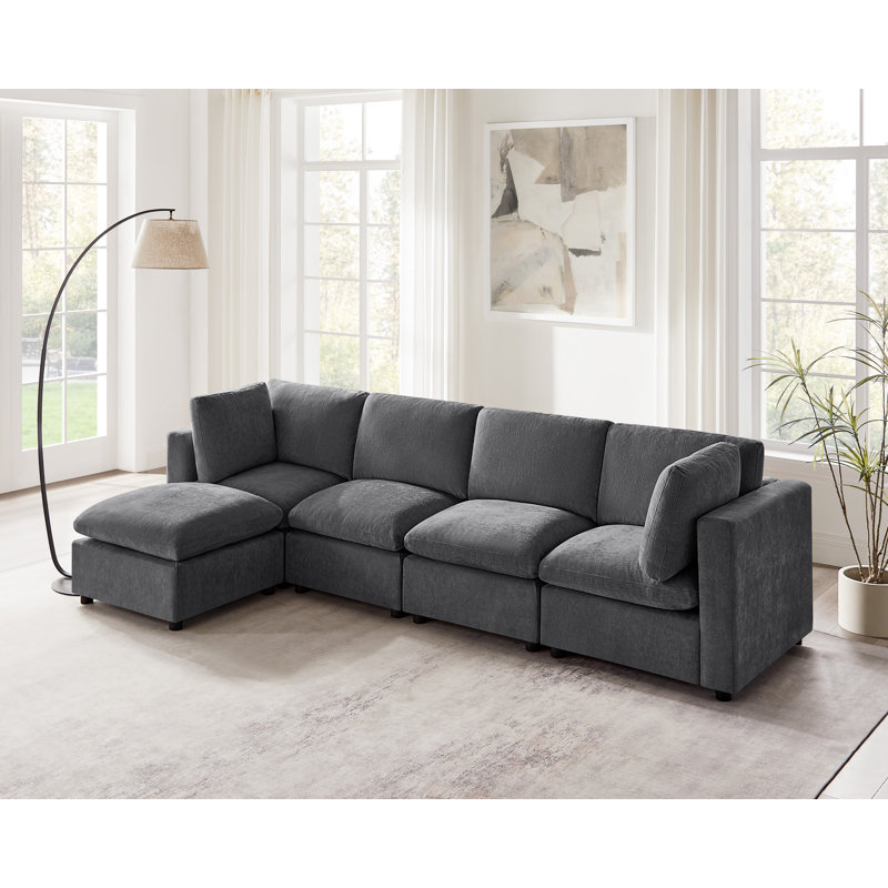 5-Piece L-Shaped Upholstered Sectional, Modular Sofa, Gray Polyester Blend
