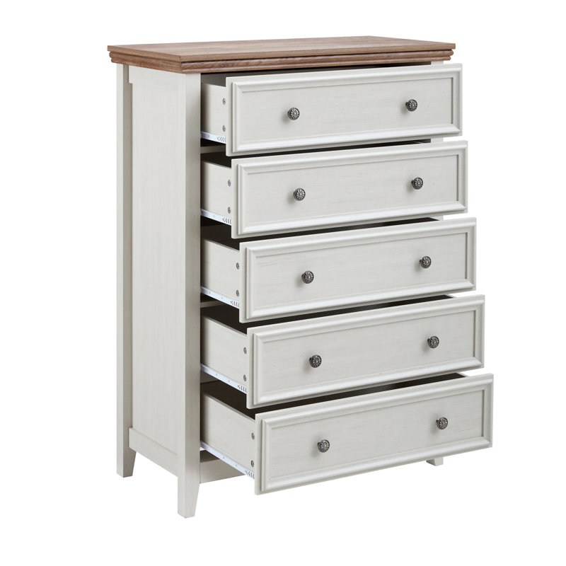 Commode Hallstein avec 5 tiroirs, poignées en métal et surface en grain de bois, Beige/Brown