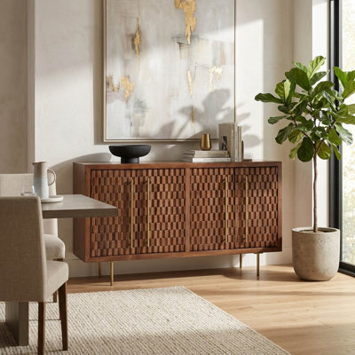 Meuble décoratif en bois massif pour entrée ou couloir - Meuble de rangement étroit et moderne à quatre portes, idéal pour un petit coin repas - 157 cm, couleur beige et marron