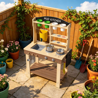 Kids Wooden Mud Kitchen Outdoor, Play Kitchen With Water Tank, Sink & Faucet, Toy Cookware Set, Plant Pots & Food Molds, Backyard Sensory Playset For Toddlers & Kids