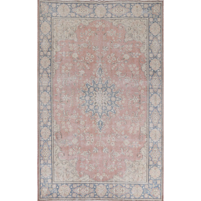 Tapis rose en laine noué à la main de conception unique 1950S 6 pi 7 po x 10 pi 1 po 1950S