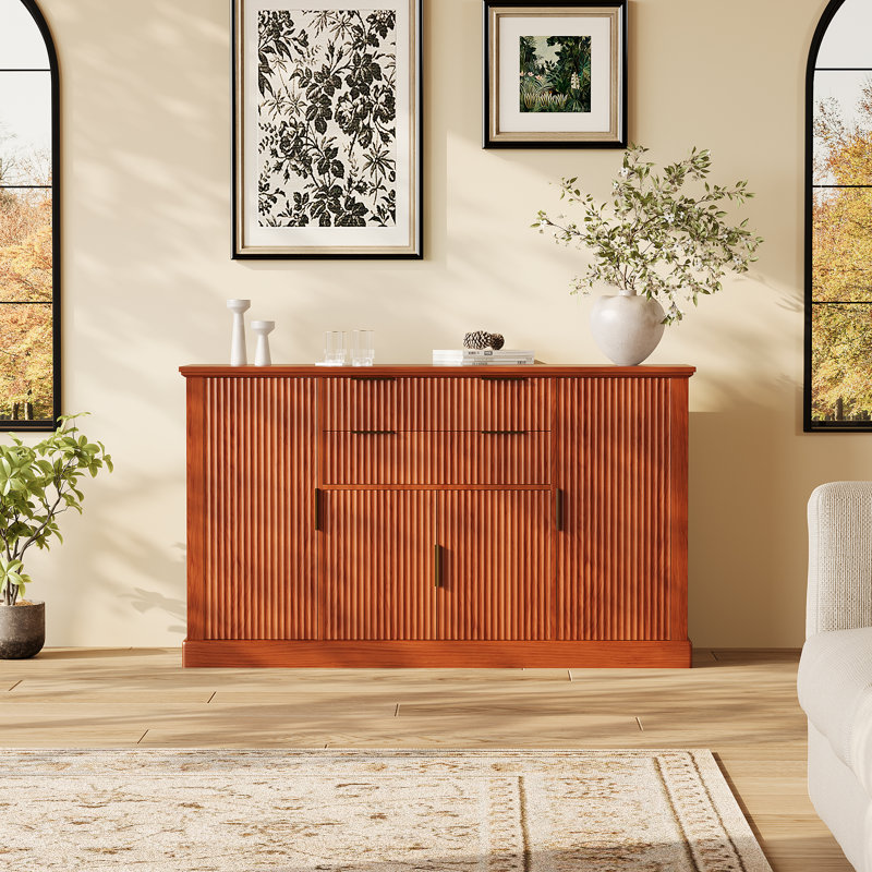Buffet 58 po avec rangement, armoire à café cannelée avec poignées dorées, 4 portes, 2 tiroirs et tablettes réglables, Brun