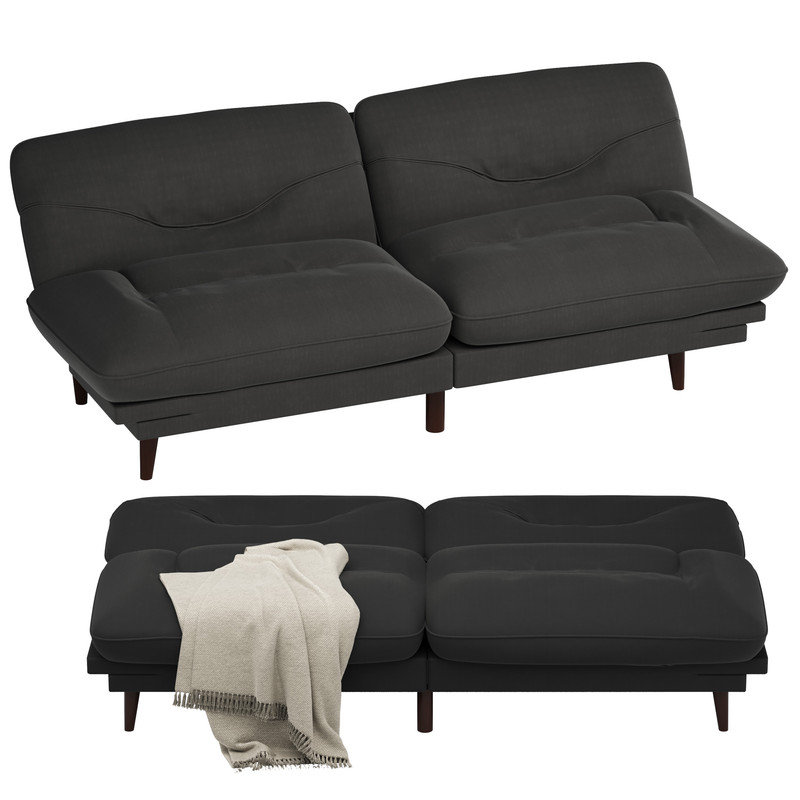 65” Futon multi-person sofa that can be converted into bed with adjustable back and ends, Black Linen