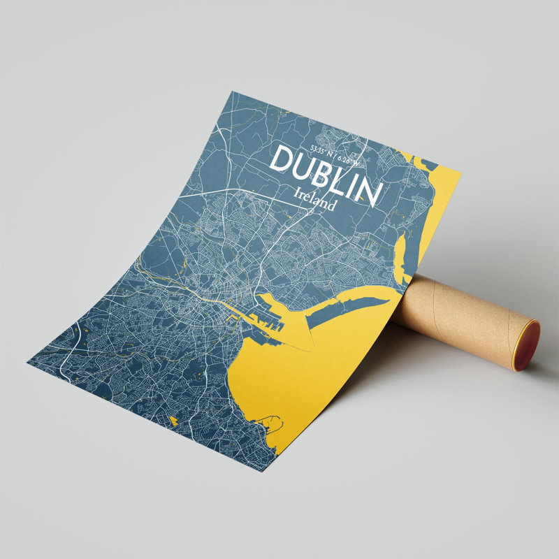 «Dublin City Map», impression de luxe, H 20 po x l 16 po, Bleu / Jaune