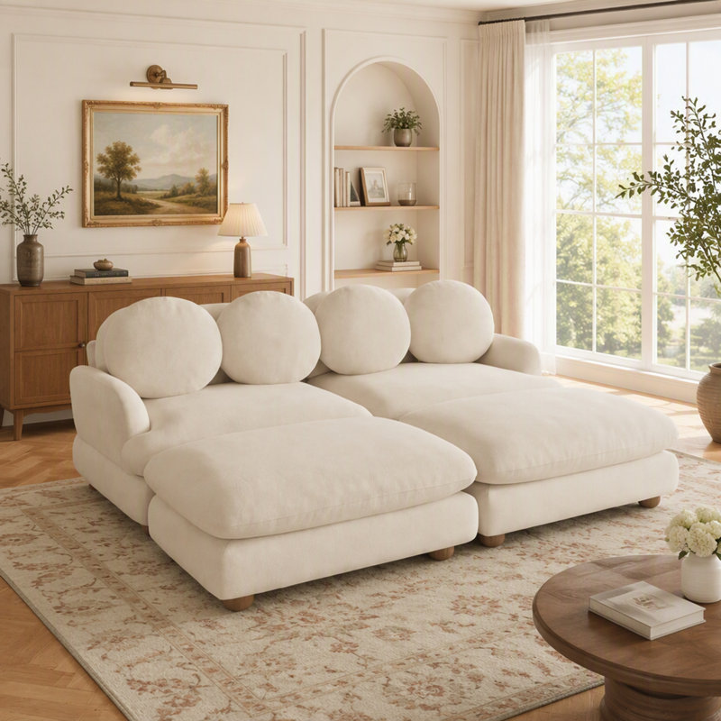 Canapé Comfy en chenille, canapé 4 places profond avec 4 coussins décoratifs, repose-pieds mobile, structure en bois massif pour le salon, la chambre à coucher