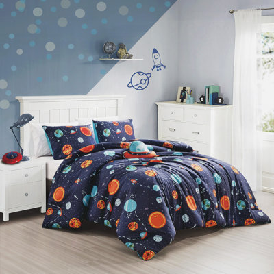 3-Piece Galactic Explorer Printed Microfiber Comforter Set – Space-Themed Kids’ Bedding Bursting with Planets, Rockets and Stars for a Cosmic Bedroom Adventure