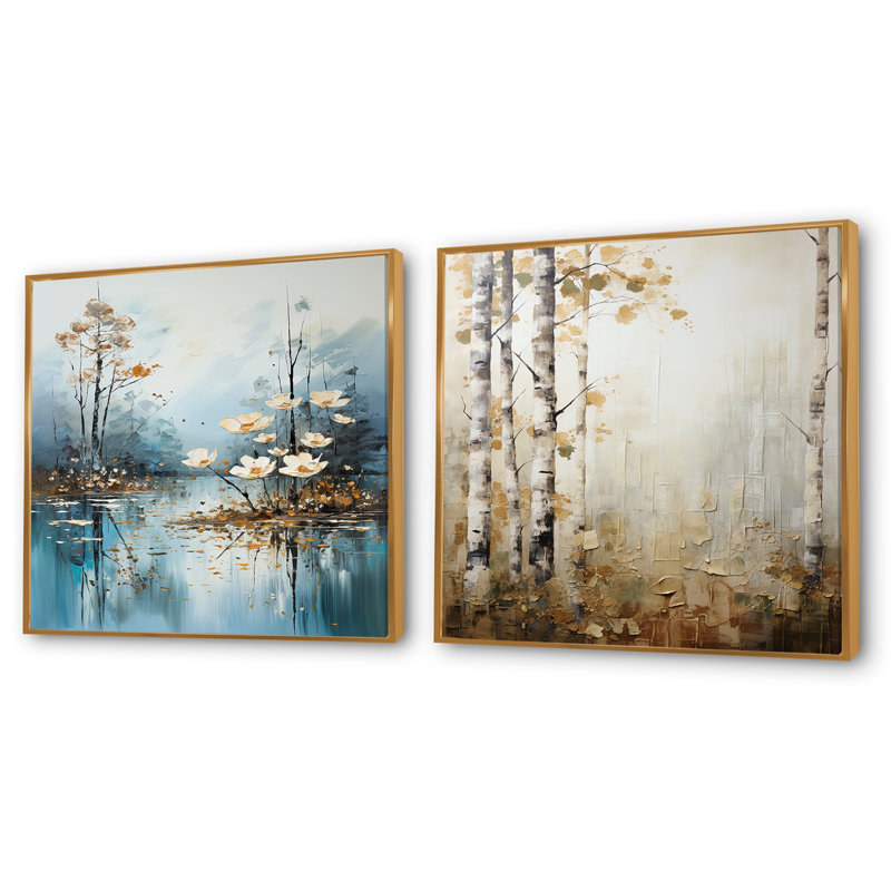 «Minimal River Forest», ensemble de 2 collages carrés, Cadre flottant doré, H 36 po x l 73 po