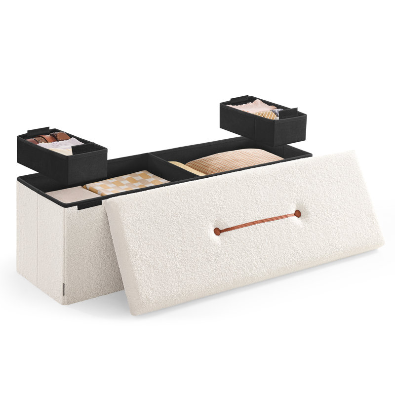 110cm Wide Tufted Rectangle Solid Colour Standard Ottoman with Storage, White