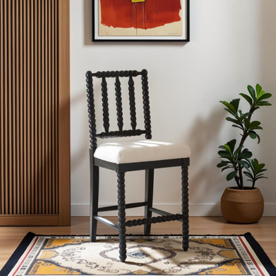 Bathilde Sculptural Wood Counter Stool with Upholstered Seat and Spindle Back, Black