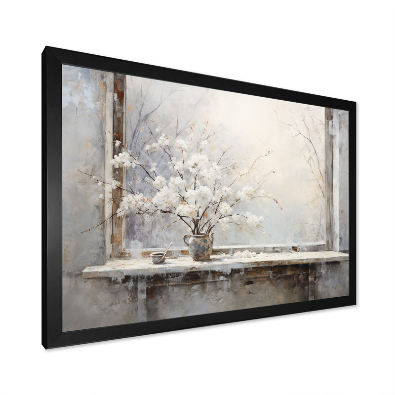 Neige près de l'hiver, vue de fenêtre 1 - Japon, art mural, H 16 po x l 32 po x P 1 po, Cadre flottant doré