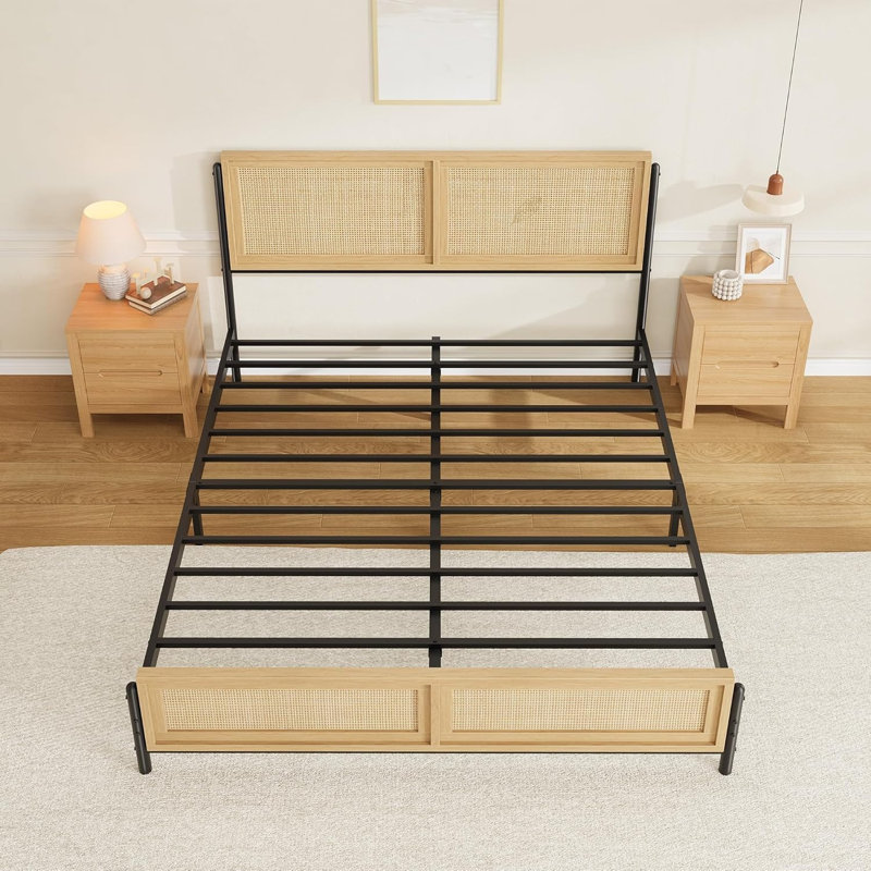 Structure de lit Boho avec tête et pied de lit en rotin naturel, Double