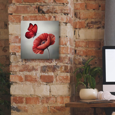 Domminick, «Red Butterfly And Blooming Red Poppy Flower» par Rey Klimt, art mural sur toile