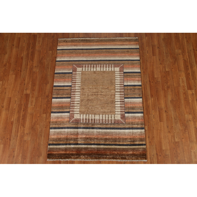 Tapis brun noué à la main de conception unique 4 pi 1 po x 5 pi 11 po