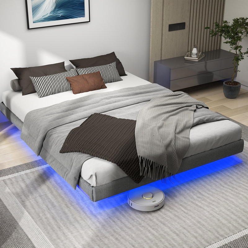 Floating Bed Frame with LED Lights, Metal Bed Frame, No Springs, Easy to Assemble, Queen