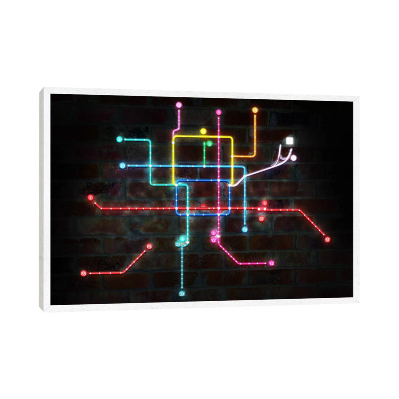 Neon Transit Map - Print on Canvas, 101.6 cm H x 66.04 cm W, White Framed