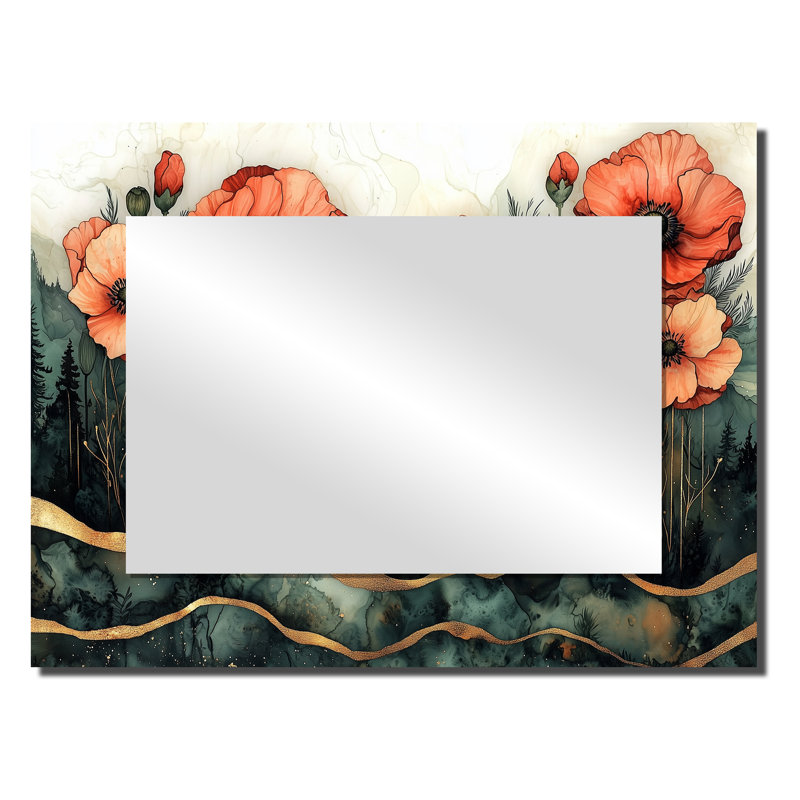 Coquelicots fleurs sur un dessus de pierres émeraude II - miroir décoratif traditionnel, 24" x 32"