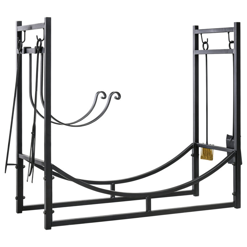 Support à bois de chauffage avec accessoires, tablette inférieure de 220 lb, noir, pour support de foyer d'extérieur, thermolaqué, noir