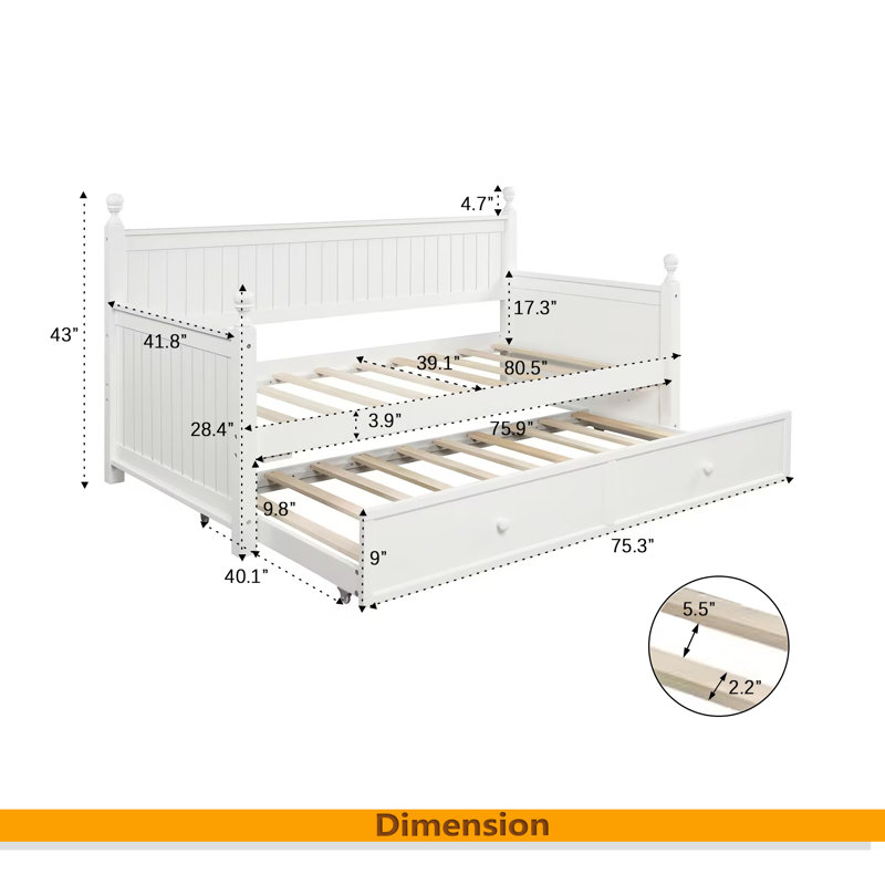 Lit de jour simple en bois avec lit gigogne simple (blanc)