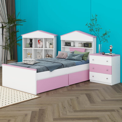 Lit simple en bois en forme de maison avec tiroirs de rangement, table de chevet à motif de blocs de couleurs