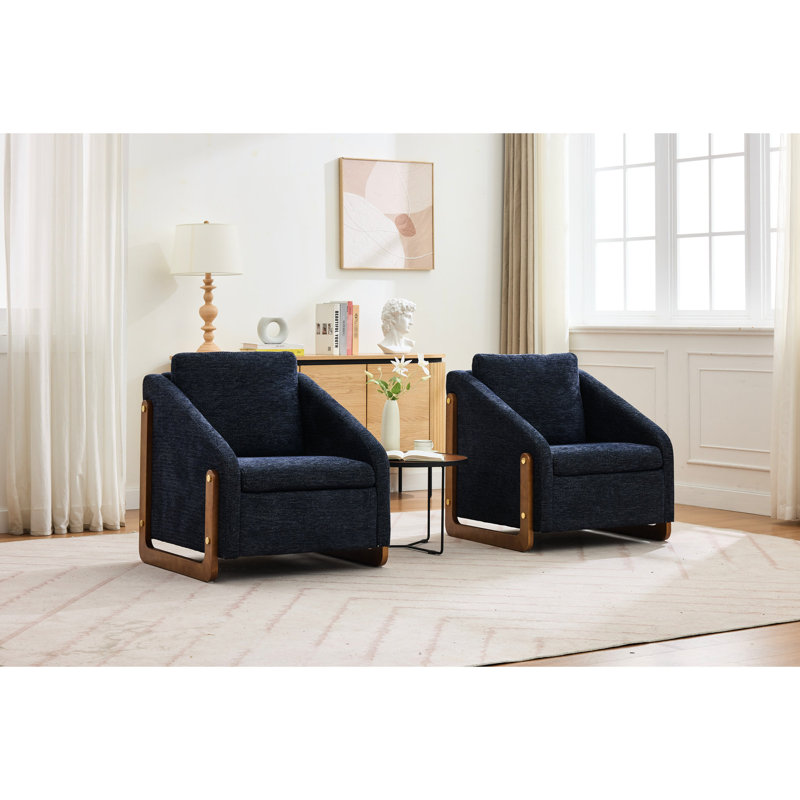 Fauteuil en chenille bleu moderne, siège rembourré et structure latérale en bois pour la maison rembourrée de mousse rembourrée avec des espaces de vie