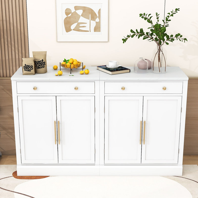 Set of 2 Freestanding Storage Cabinet with Drawer, Adjustable Shelves and Faux Marble Top, White