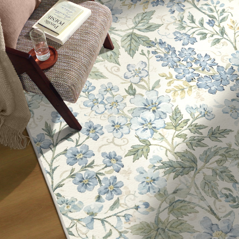 Aura Floral Machine Washable Blue/Beige/Green Indoor Area Rug With Non-Slip Backing, Runner 2'3" x 6', Blue/Green