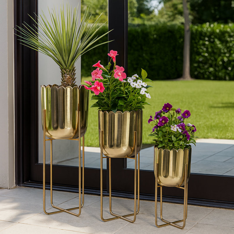 Luxurious Metal Outdoor Planters on Stand - Stylish Indoor Planter and Decorative Flower Pots Planters for Modern Living - Set of 3, 27", Gold