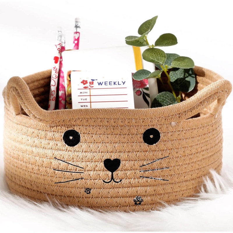 Cat Storage Basket Woven Organizer With Ears Decorative Pet Toy Cute Bin Cotton Rope Basket For Gift Cat Dog Toy Container Nursery Room