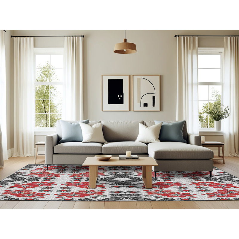 Tapis rouge/noir tissé à la machine, Rectangle 6 pi x 9 pi