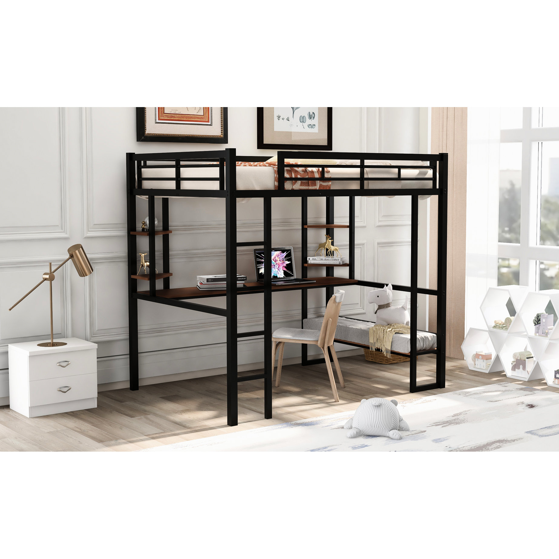 17 Stories Black Full Size Loft Bed With Desk Shelves - Maximize Your