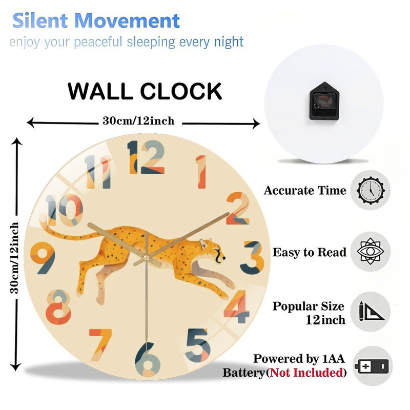 Horloge murale décorative guépard pour bureau personnel - Horloge murale moderne en verre 12 po