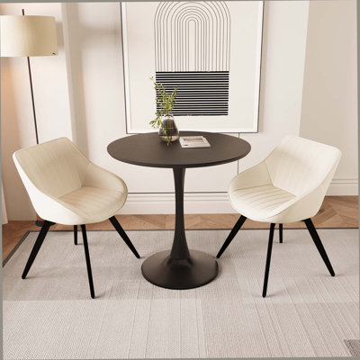 Ensemble de table de salle à manger 31,5 "en bois aggloméré noir, table de salle à manger Tulip et 2 chaises décoratives en cuir artificiel avec pieds en métal noir, ensemble de table de salle à manger et de chaises pour 2 à 4 personnes