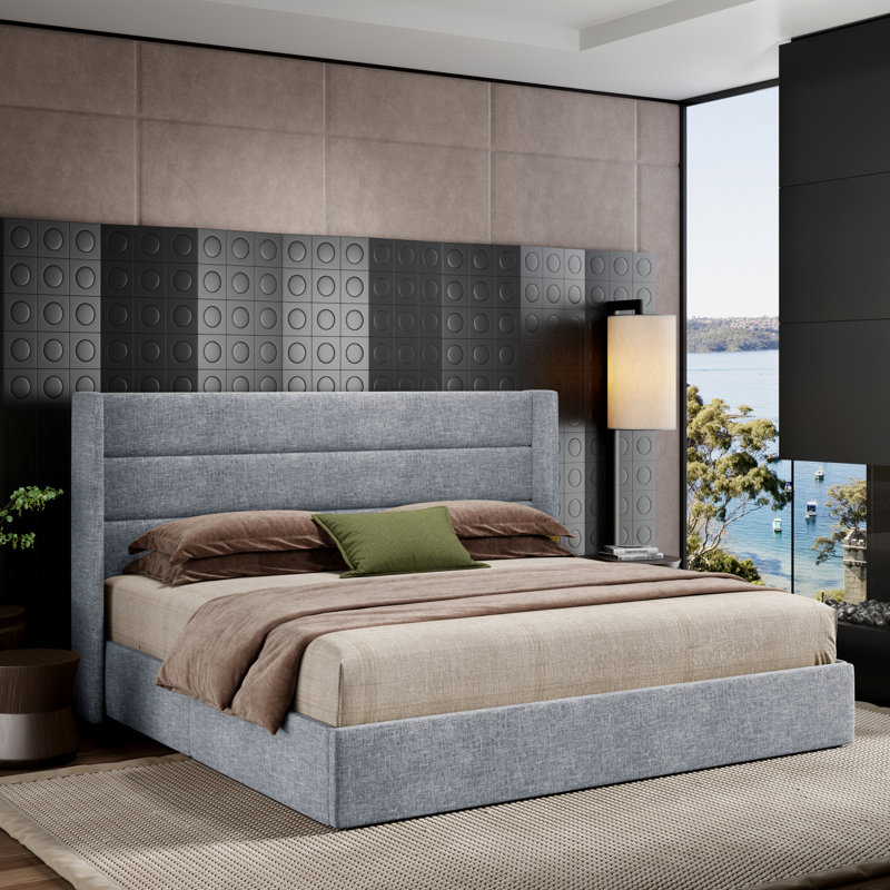 Lit plateforme tapissier avec rangement Bradenburg, Très grand, Bleu gris