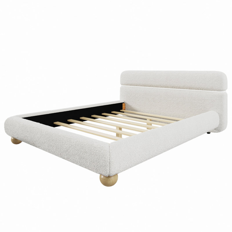 Lit tapissier contemporain à profil bas avec tissu en molleton Teddy et pieds ronds massifs Design courbé élégant pour la chambre à coucher, grand