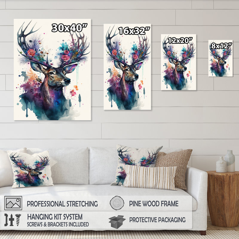 «Cute Deer Floral II», impression sur toile, H 32 po x l 24 po x P 1 po, Toile tendue