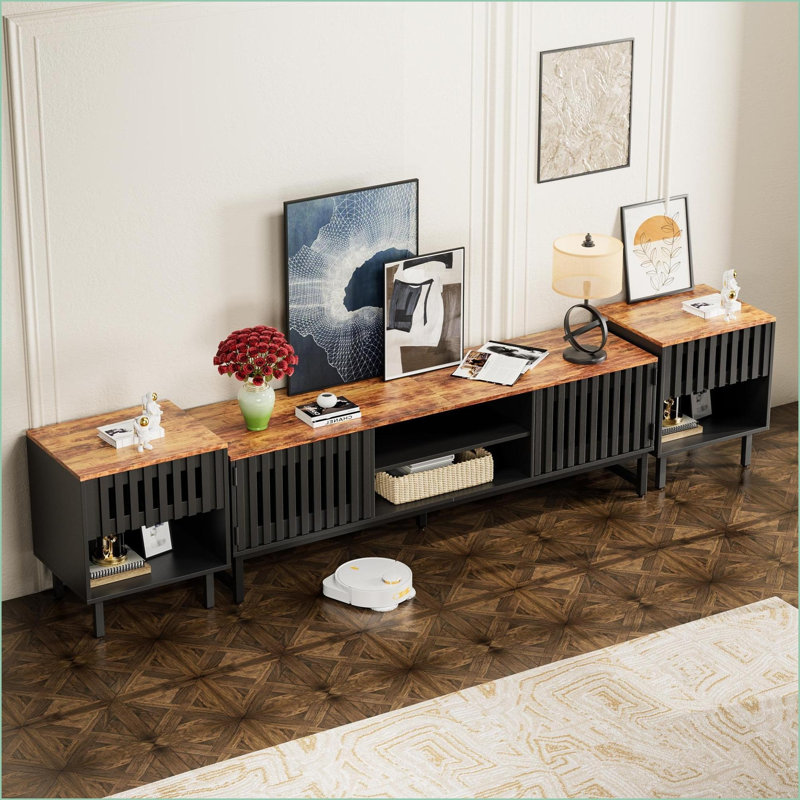 TV Furniture | 63'' Mid-Century Modern Black TV Stand with Slatted Doors &amp; Storage | MDF | Fits 60-69'' TVs