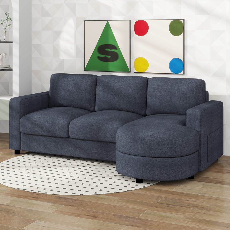 Canapés modulaires, canapé en L moderne avec méridienne incurvée, ports USB et poches de rangement latérales, Bleu