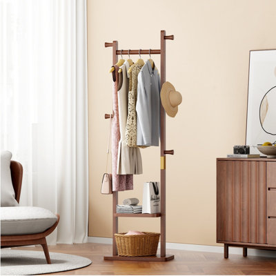 Portemanteau autoportant en bois de noyer massif, l 23,6 po x P 11 po x H 70,8 po, support à vêtements pour le vestibule, organisateur de vêtements facile à assembler pour le couloir, la chambre à coucher et le salon