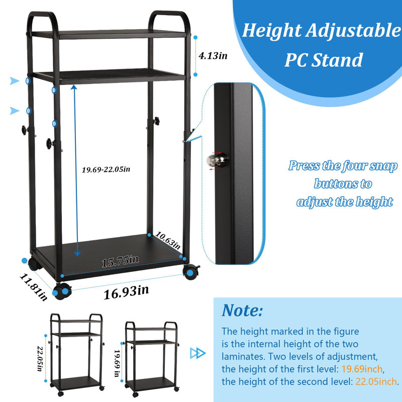 Three-Tier Computer Tower Stand, Height Adjustable, CPU Holder, With Locking Casters, Black