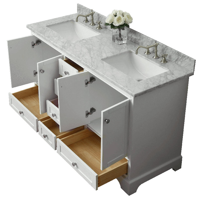 Audrey 60'' Double Bathroom Vanity with Top, White, Carrara White, Brushed Nickel