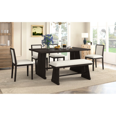 6 pièces de style rustique avec table rectangulaire, 4 chaises rembourrées en lin et 1 banc rembourré pour les dîners intimes
